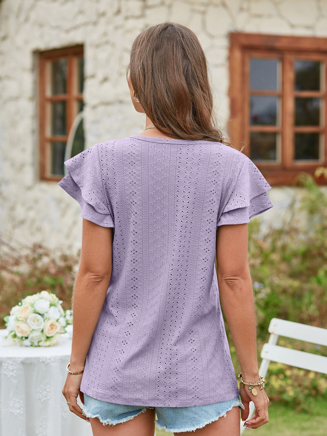 Honeybee Mumford's Eyelet V-Neck Short Sleeve Blouse