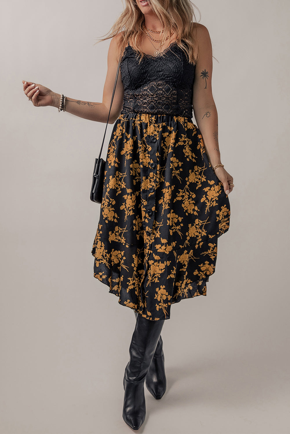 Honeybee Mumford's Floral Buttoned Ruffle Hem Skirt