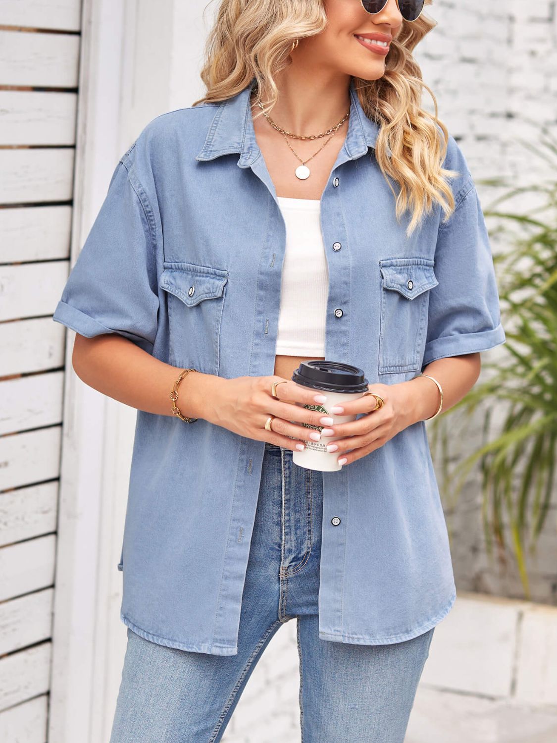 Honeybee Mumford's Collared Neck Short Sleeve Denim Jacket