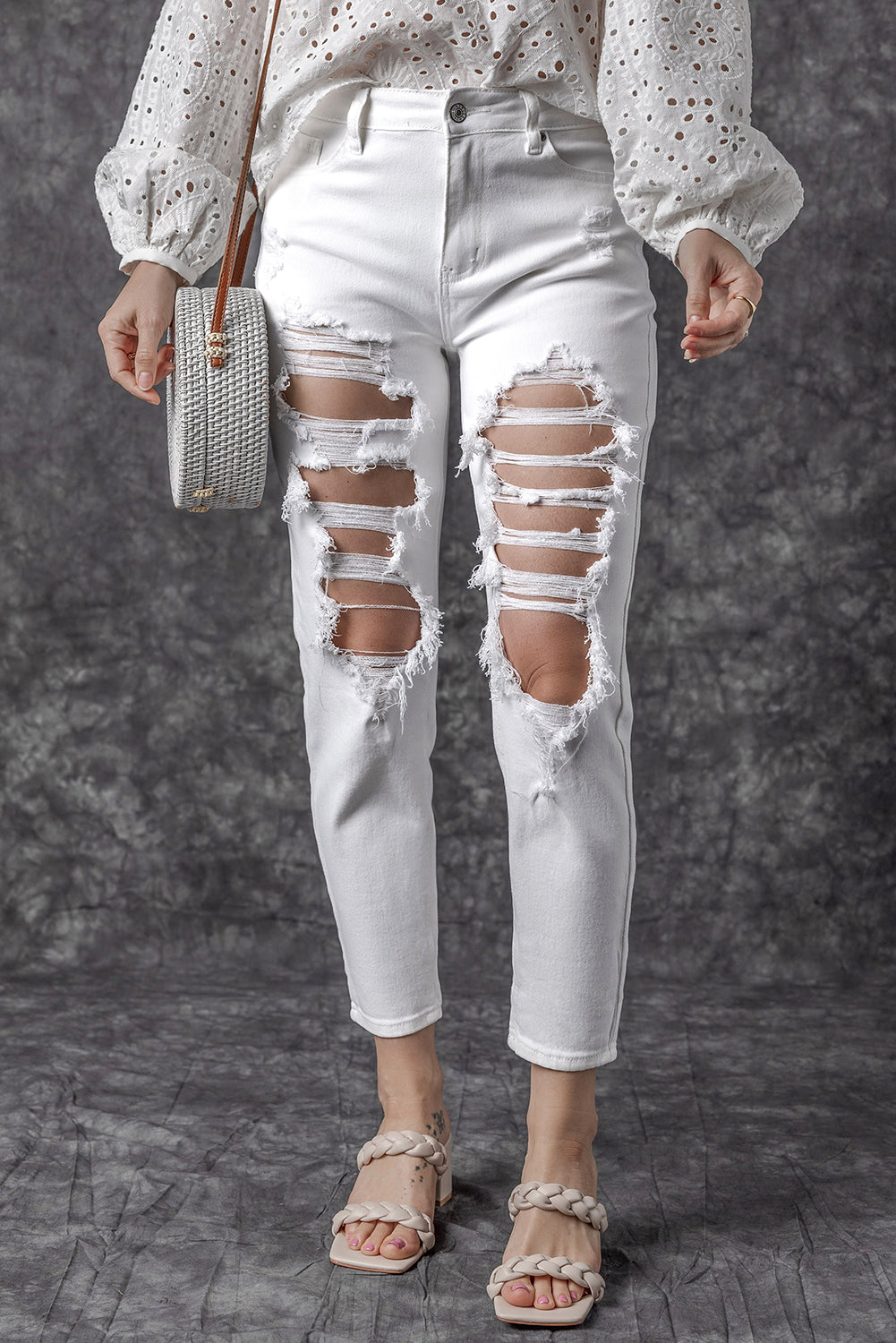 Honeybee Mumford's White Distressed Ripped Holes High Waist Skinny Jeans