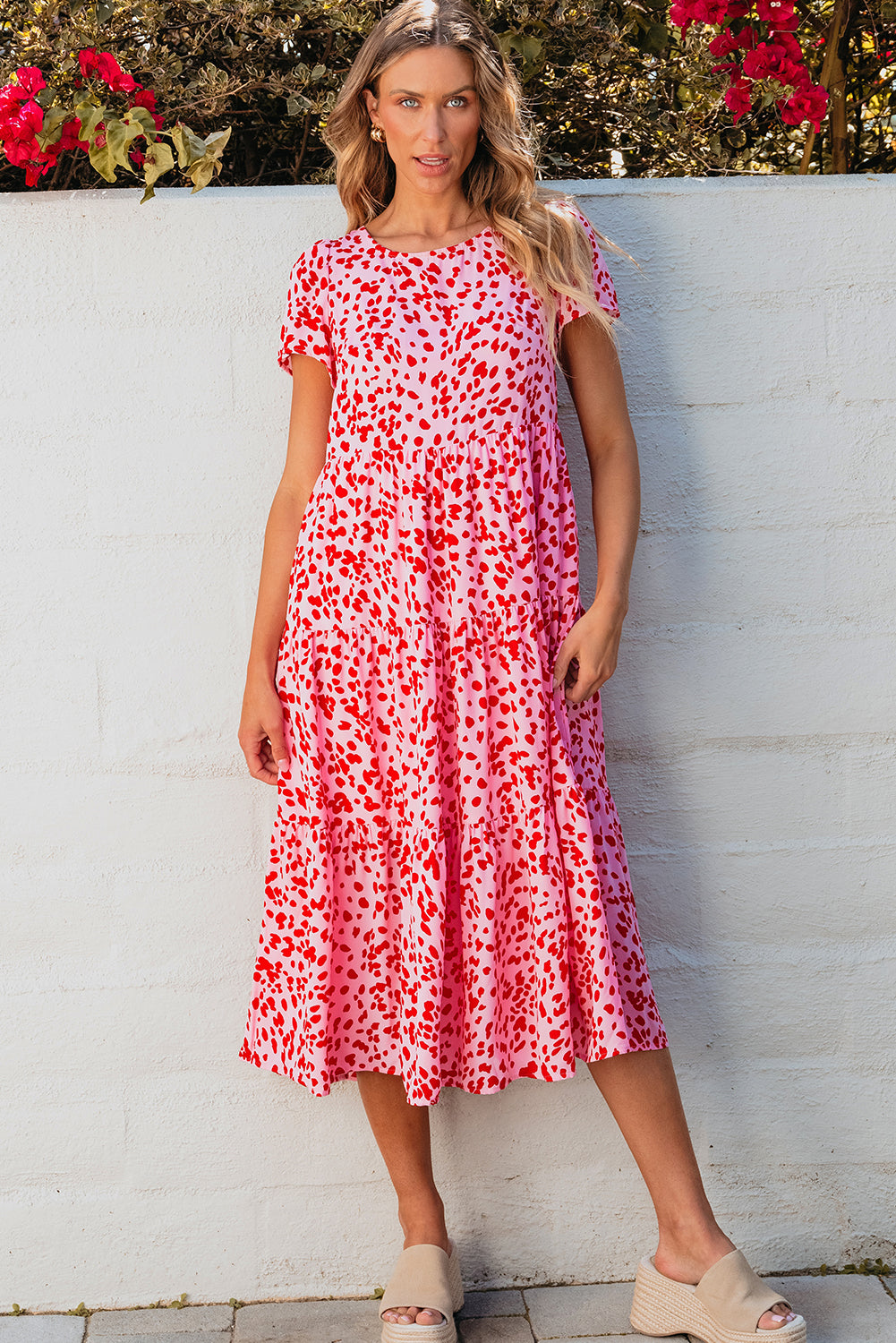 Honeybee Mumford's Pink Boho Printed Short Sleeve Flare Tiered Dress