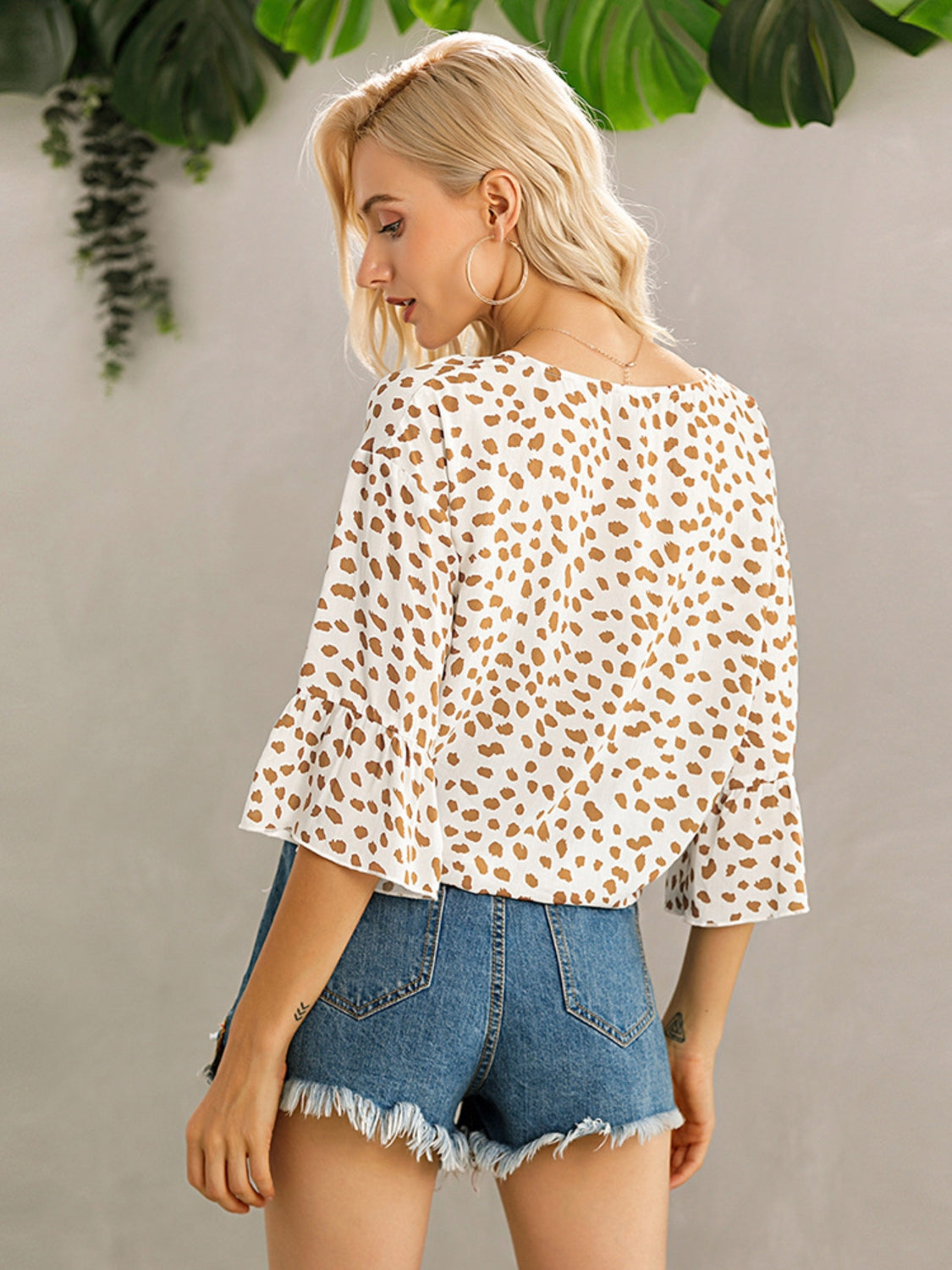 Honeybee Mumford's Tied Printed Button Up V-Neck Blouse