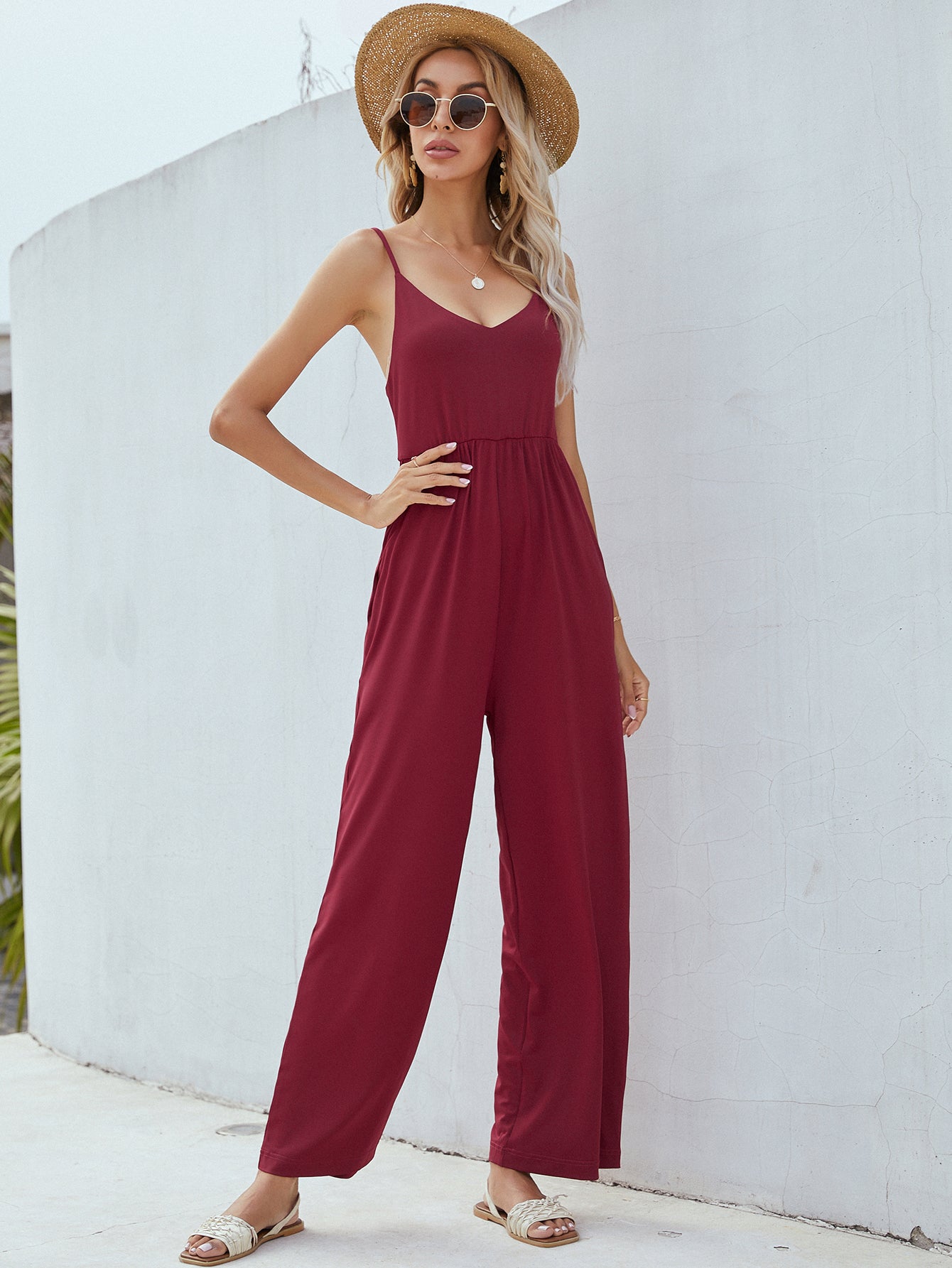 Honeybee Mumford's Adjustable Spaghetti Strap Jumpsuit with Pockets( wine, black and army green colors)