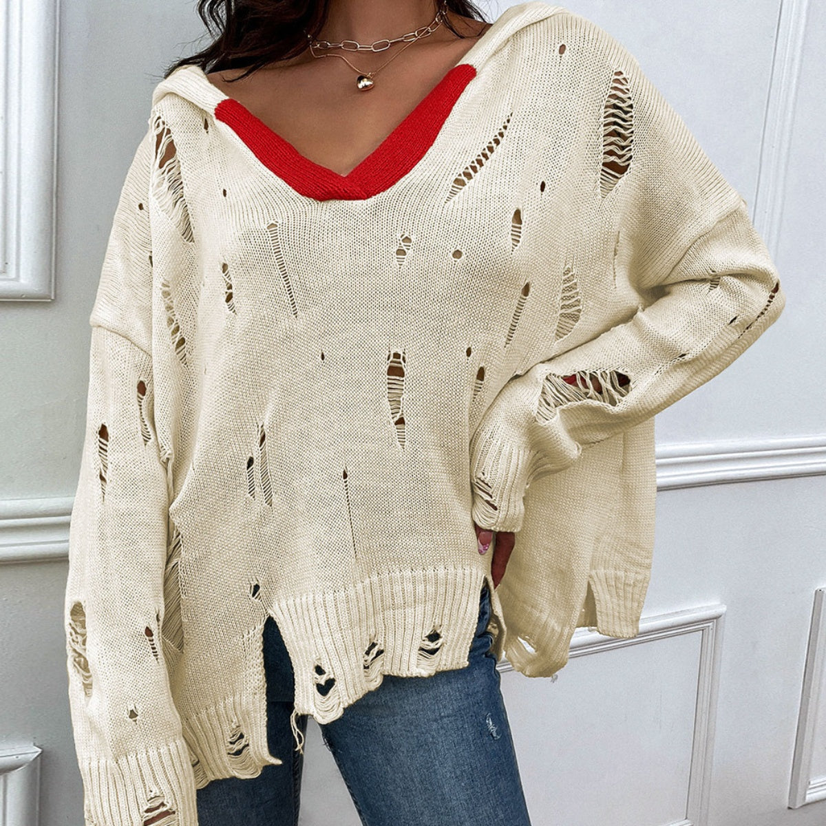 Honeybee Mumford's Distressed Slit Drop Shoulder Hooded Sweater