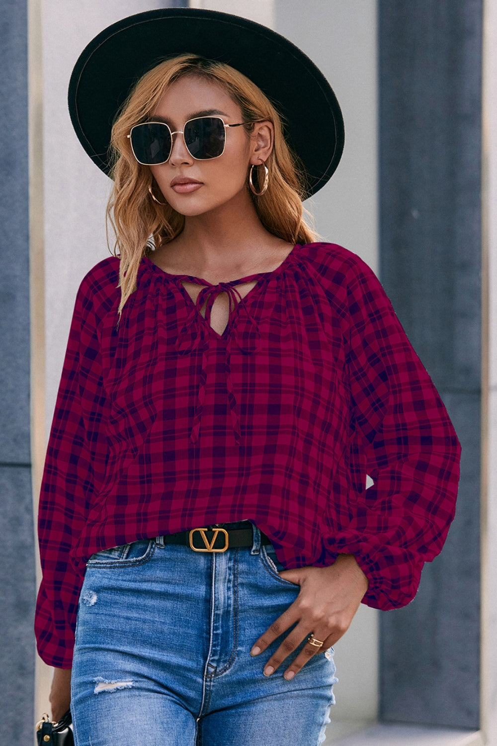 Honeybee Mumford's Plaid Tie Neck Balloon Sleeve Blouse