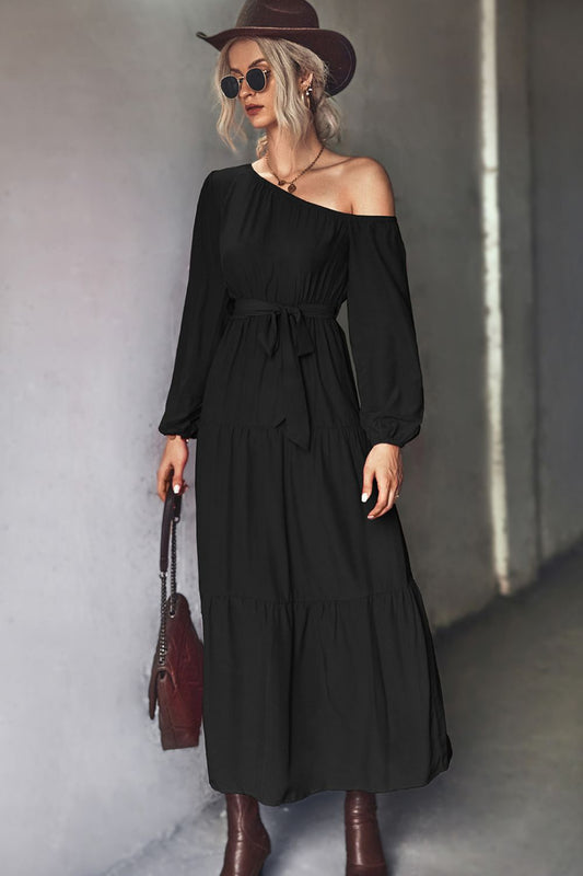 Honeybee Mumford's Black or Green Belted One-Shoulder Tiered Maxi Dress