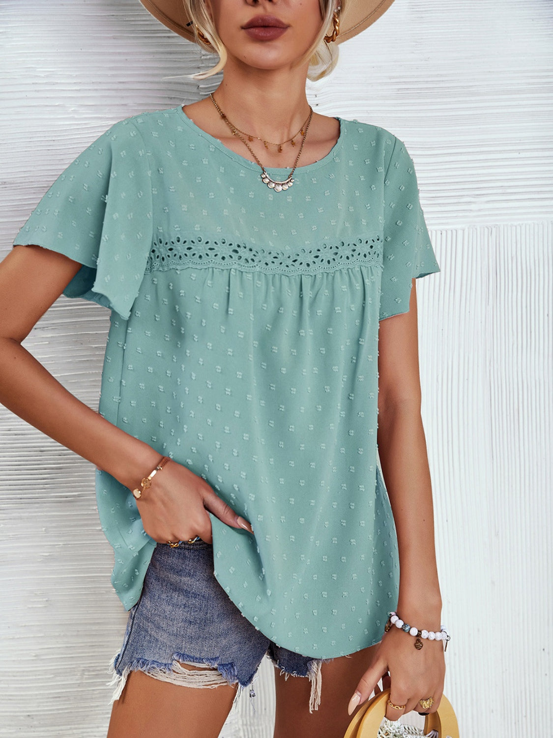 Honeybee Mumford's Lace Detail Round Neck Short Sleeve Blouse