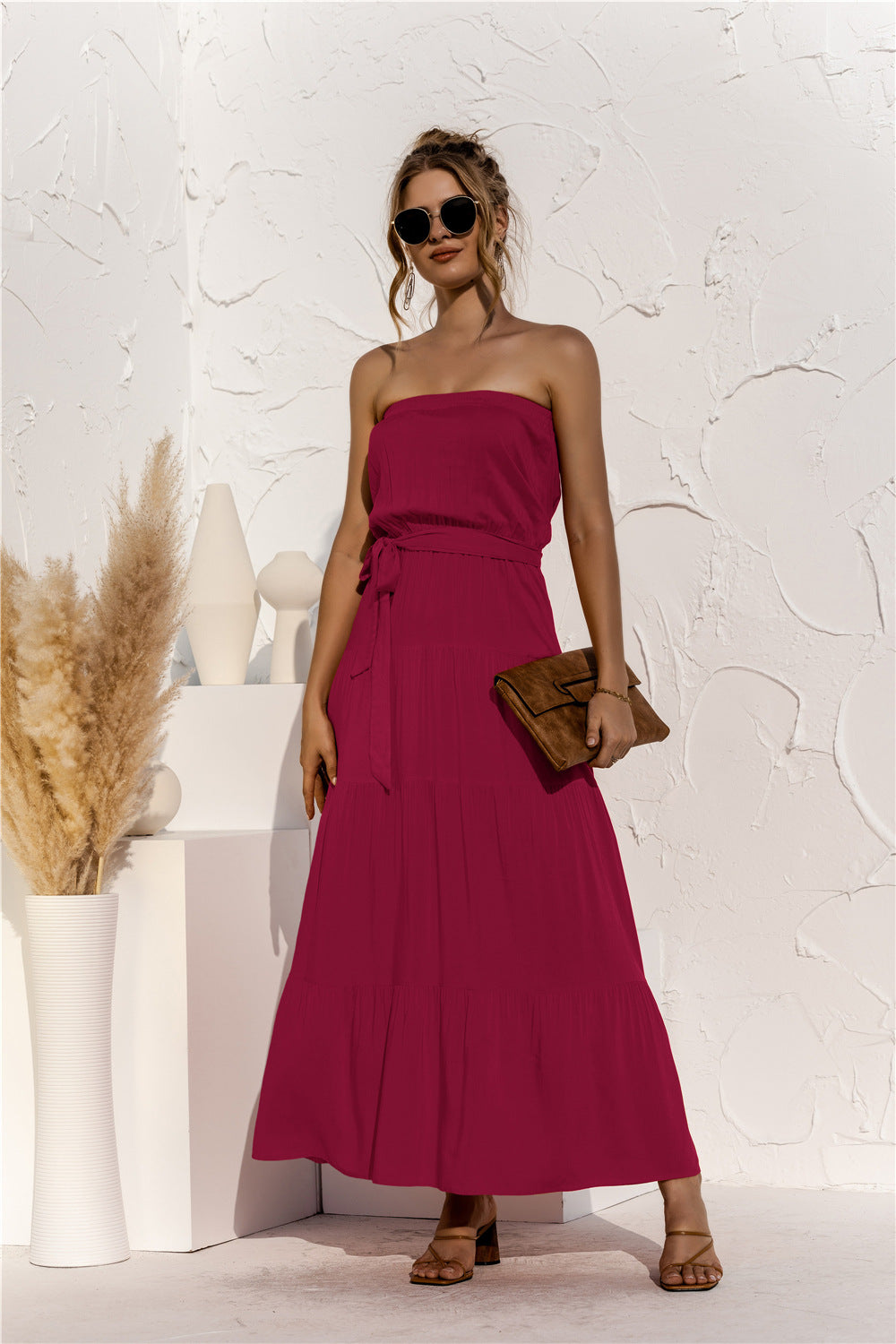 Honeybee Mumford's Strapless Tie Waist Tiered Maxi Dress