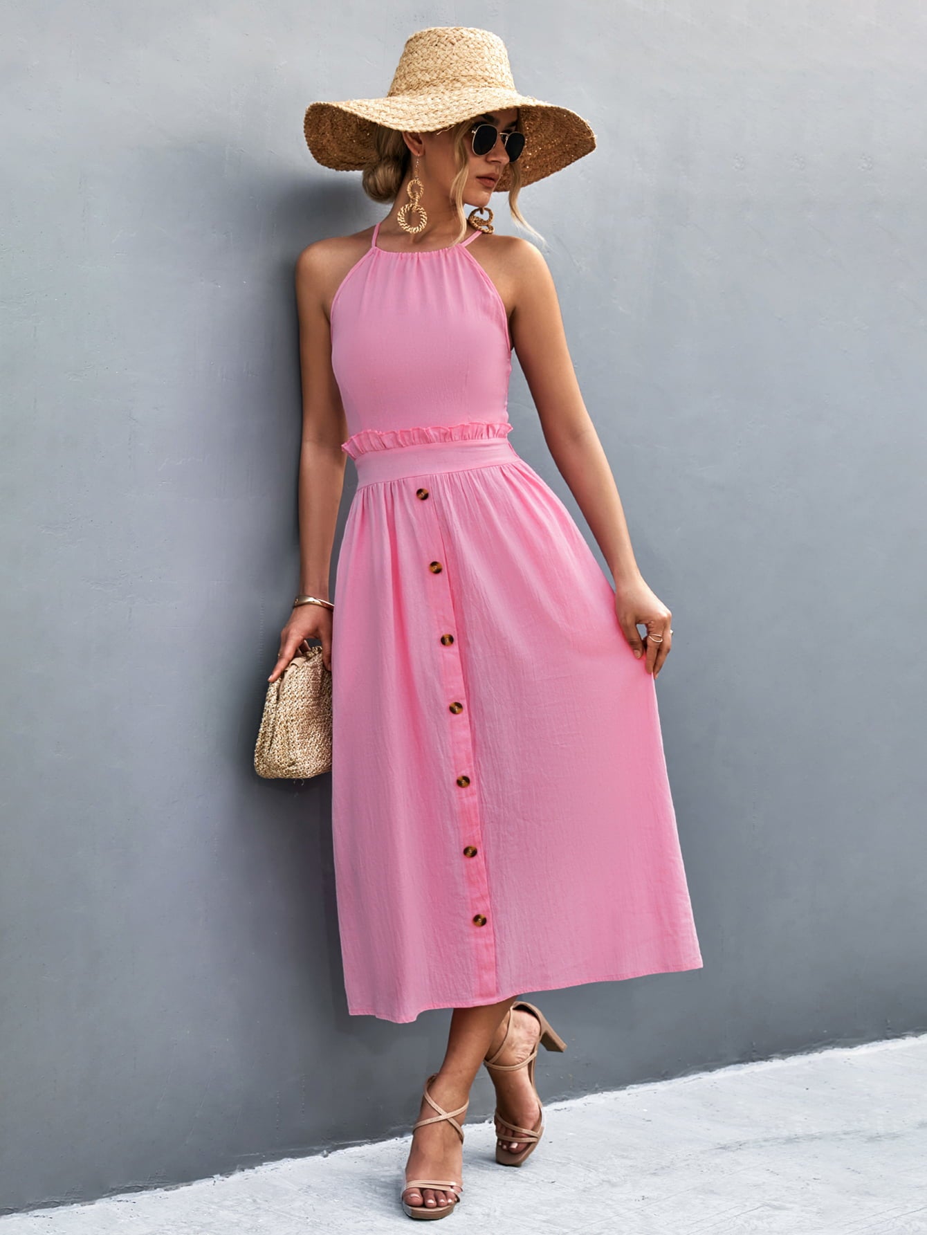 Honeybee Mumford's Buttoned Halter Neck Frill Trim Midi Dress