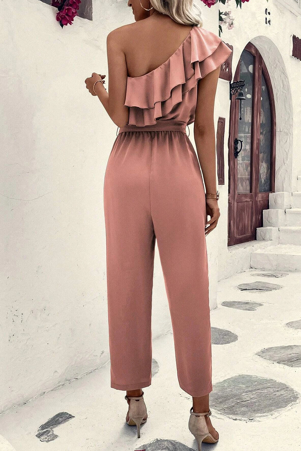 honeybee Mumford's Dusty Pink One Shoulder Ruffle Trim Belted Jumpsuit