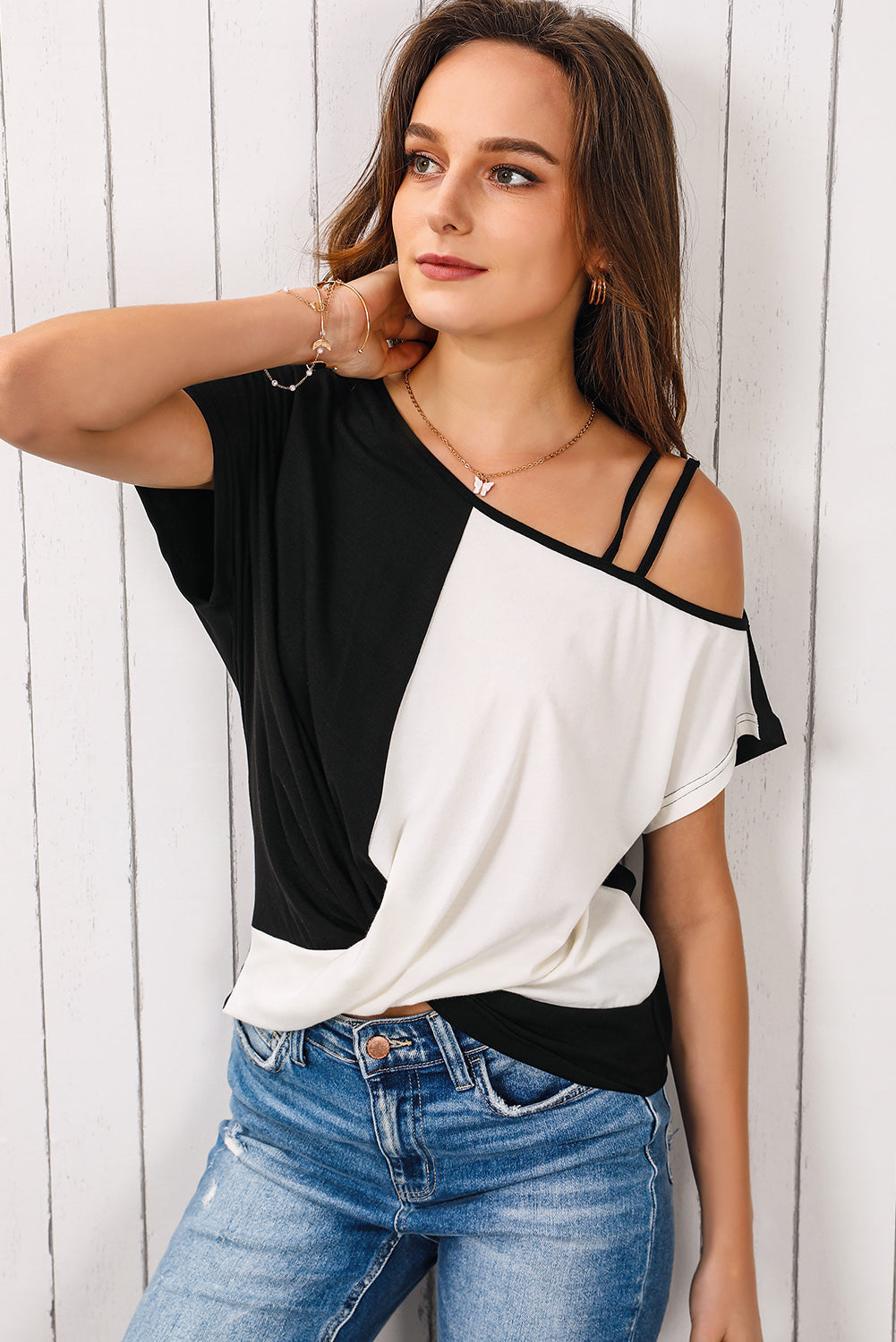 Honeybee Mumford's Contrast Twisted Asymmetrical Neck Top