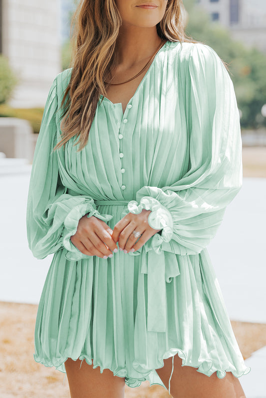 Honeybee Mumford's Green Pleated Ruffled Tie Waist Buttons V Neck Romper