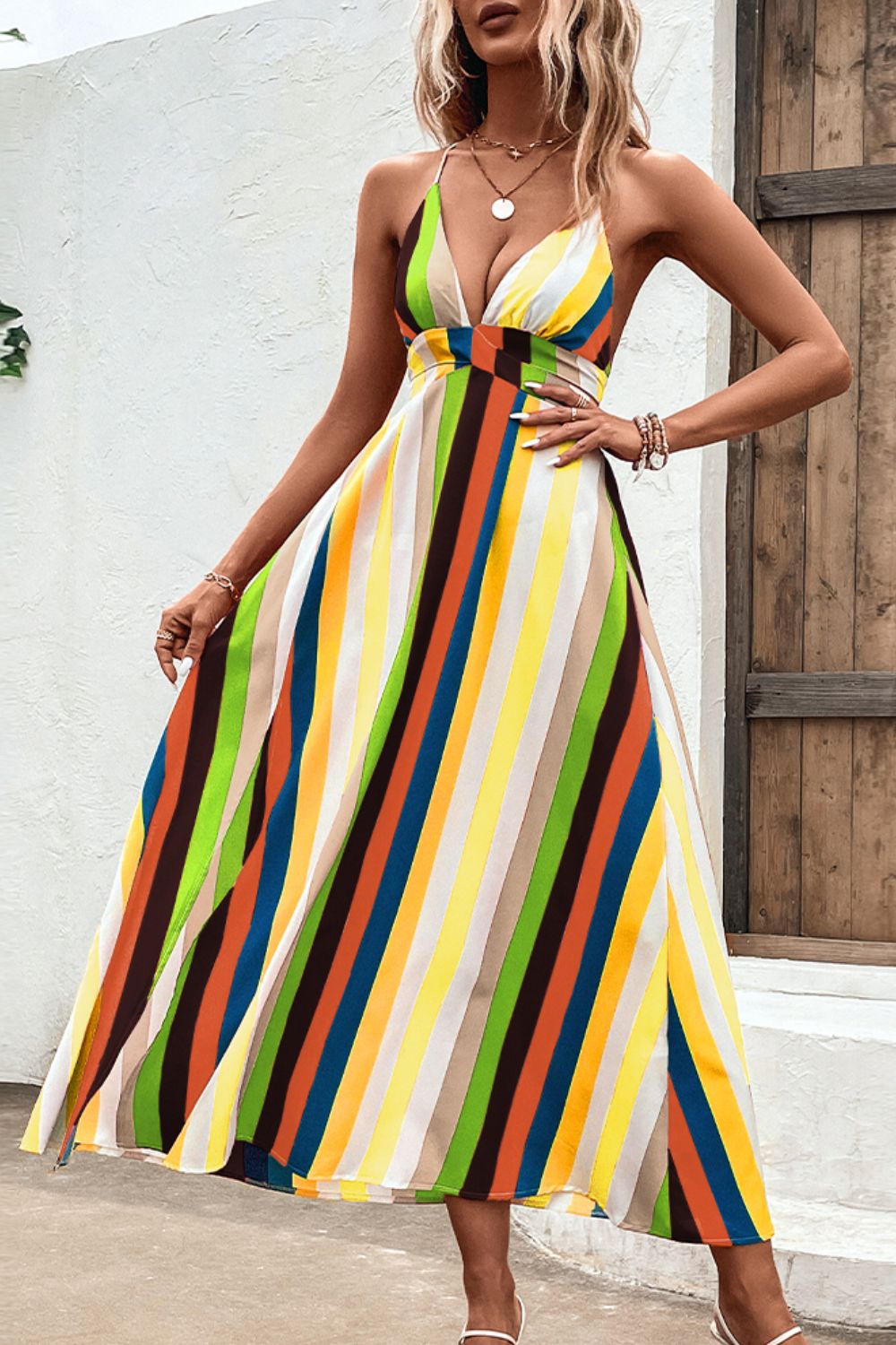 Honeybee Mumford's Multicolored Stripe Crisscross Backless Dress