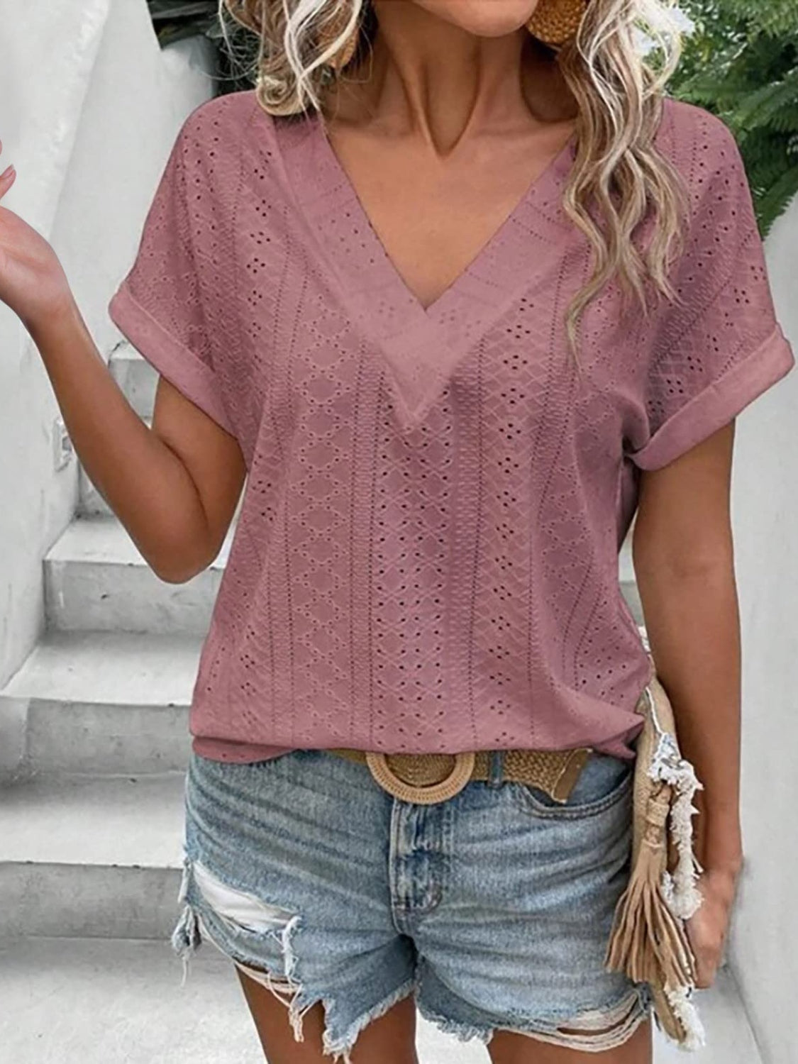 Honeybee Mumford's Eyelet V-Neck Short Sleeve Blouse