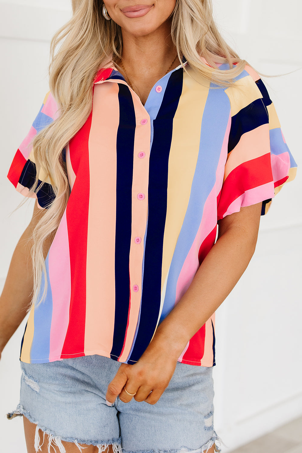 honeybee Mumford's Multicolor Color Block Striped Puff Sleeve Buttoned Shirt