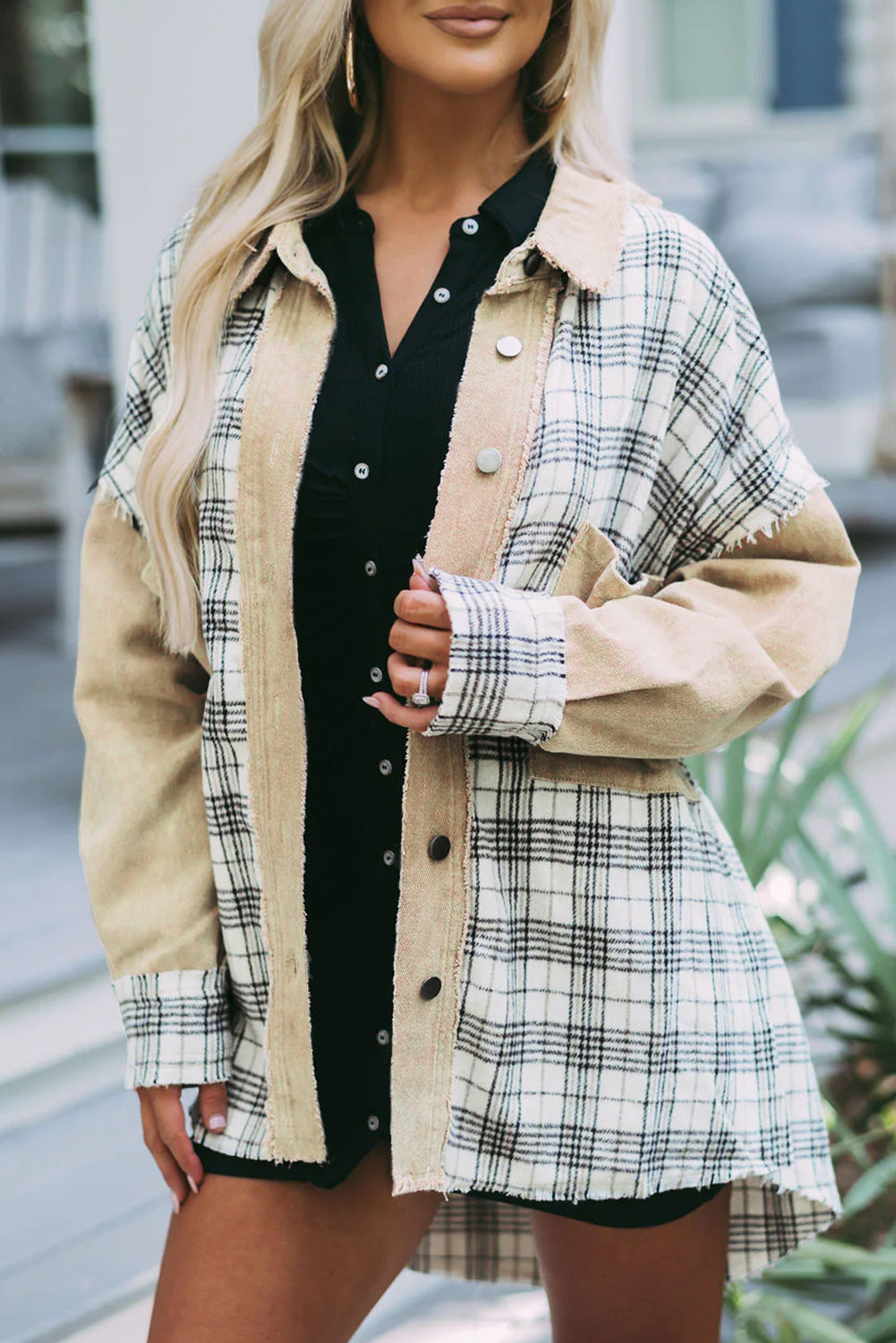 Honeybee Mumford's Khaki Distressed Raw Edge Plaid Patchwork Denim Jacket