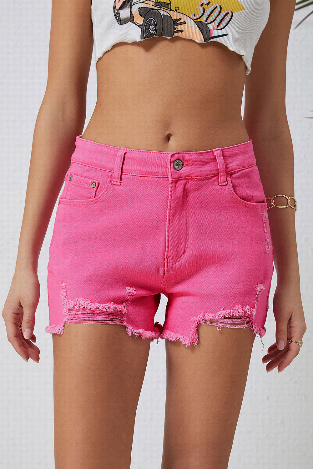 Honeybee Mumford's Rose Distressed Slim Fit High Waist Denim Shorts