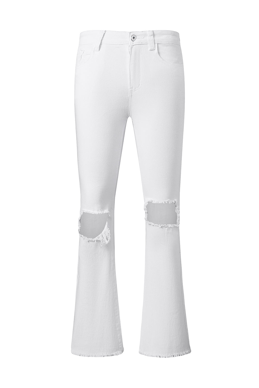 Honeybee Mumford's White Distressed Hollow-out Knee Frayed Flare Jeans