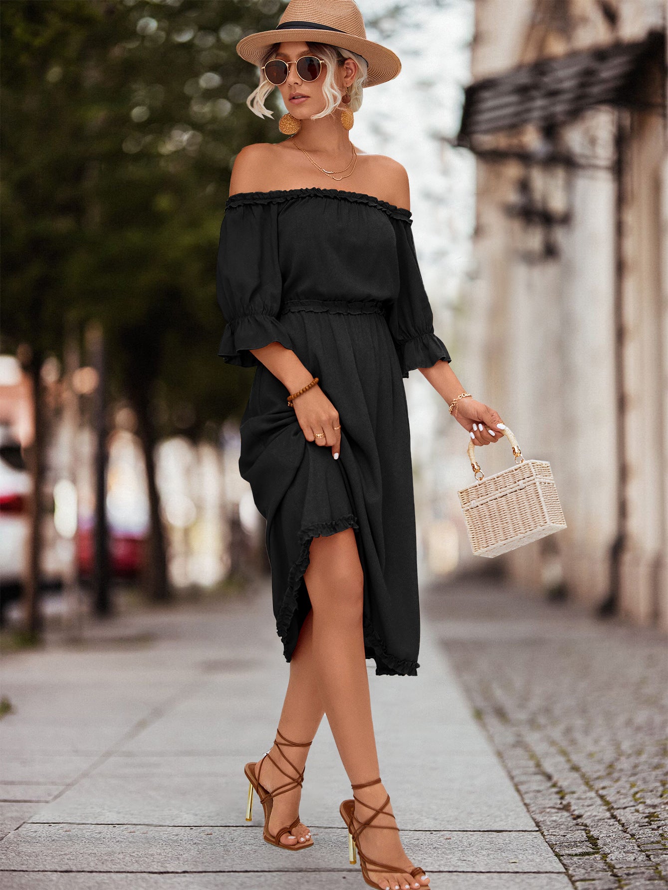 Honeybee Mumford's Frilled Off-Shoulder Flounce Sleeve Dress