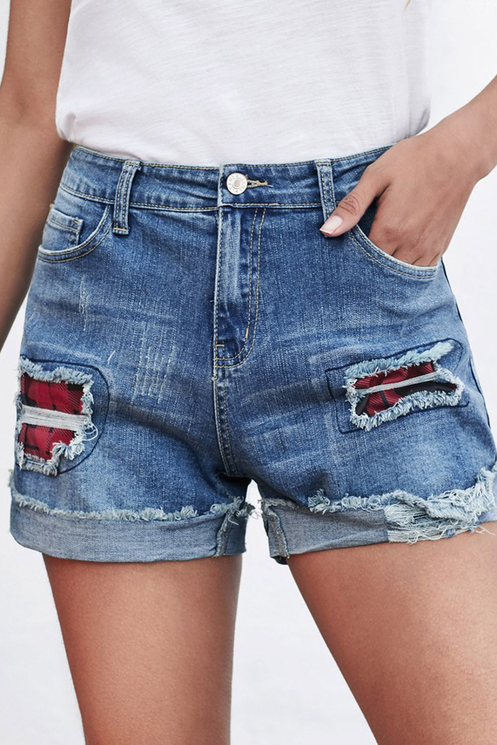 Honeybee Mumford's Plaid Patchwork Rolled Hem Denim Shorts