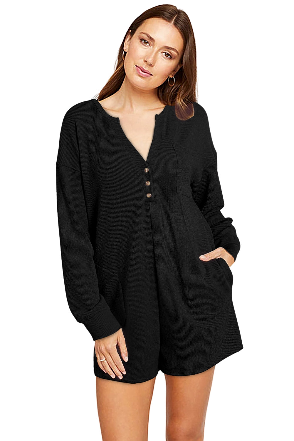 Honeybee Mumford's Black Brushed Ribbed Button Split V Neck Long Sleeve Romper