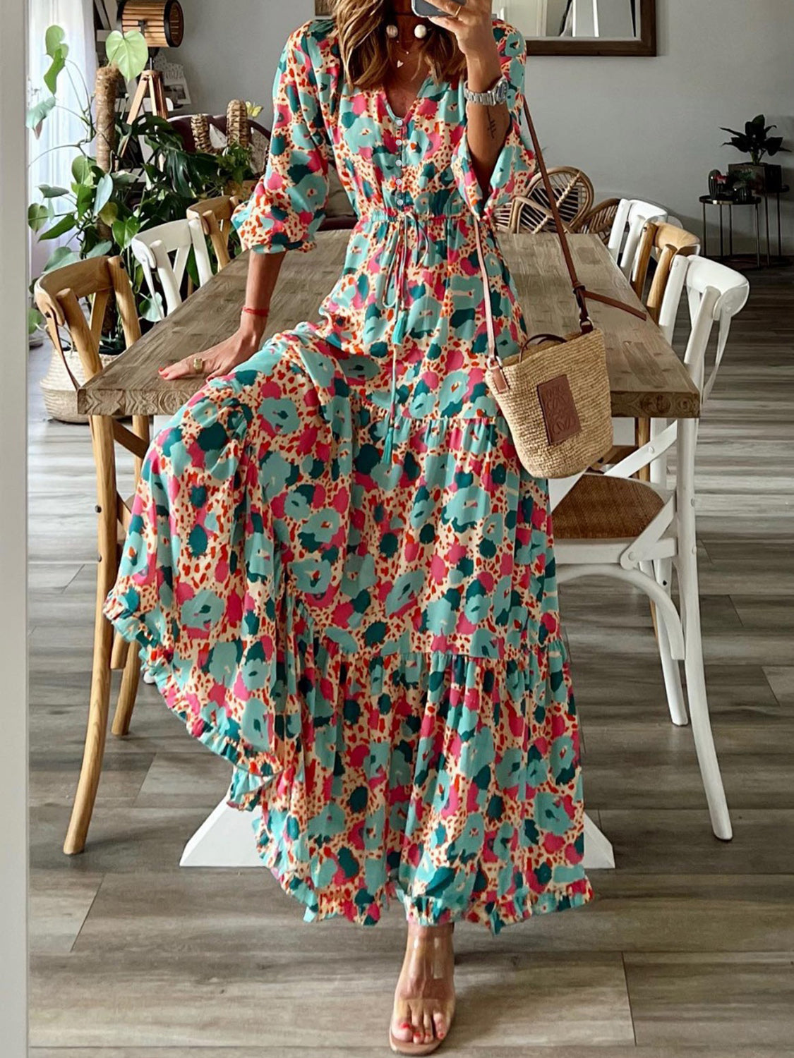 Honeybee Mumford's Button Up Ruffle Hem Tiered Maxi Dress