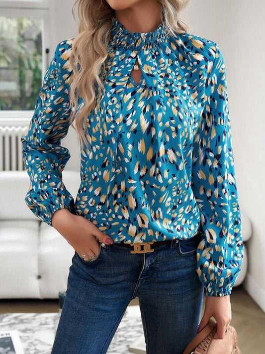 Honeybee Mumford's Cutout Printed Mock Neck Balloon Sleeve Blouse