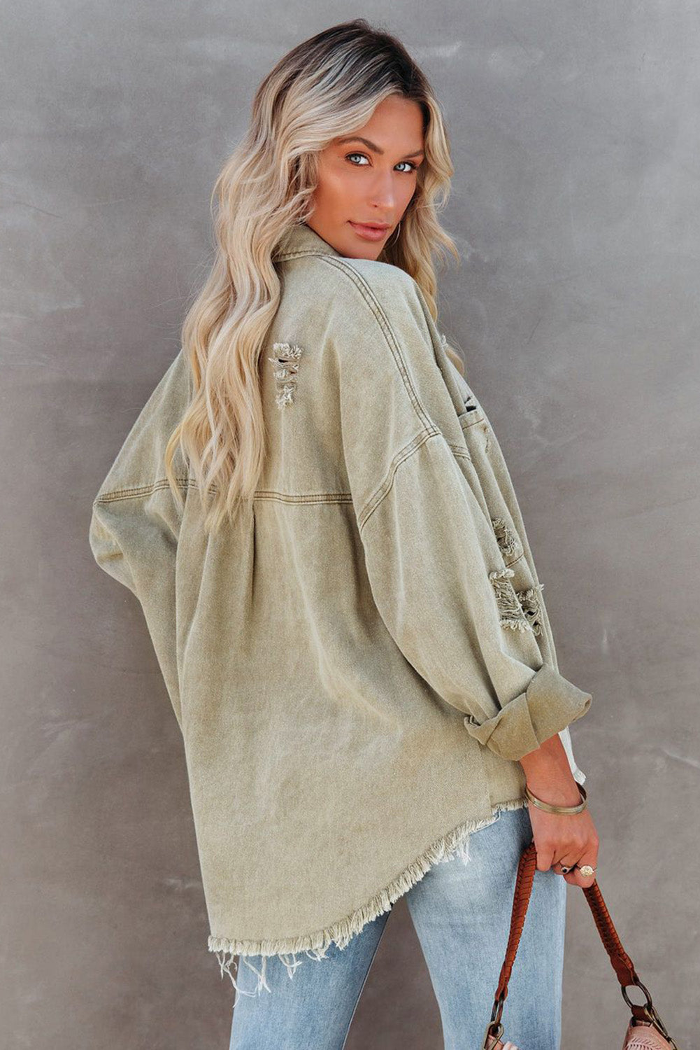 Honeybee Mumford's Green Distressed Fringe Trim Denim Jacket