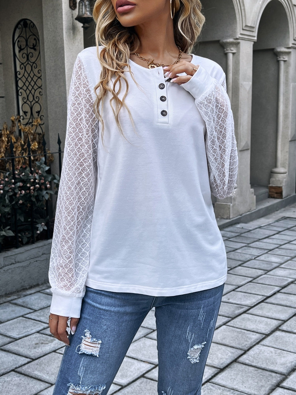 Honeybee Mumford's Quarter Button Round Neck Long Sleeve Blouse