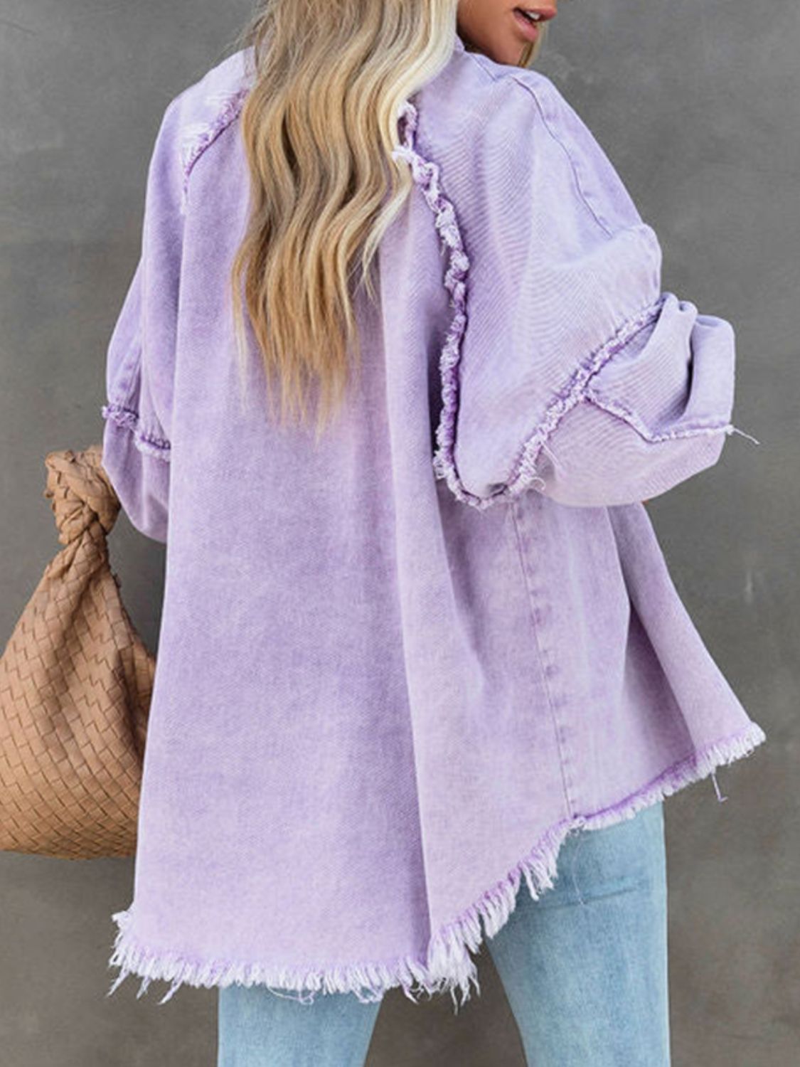 Honeybee Mumford's Button-Down Denim Jacket w/ Raw Hem in Pink and Lavender