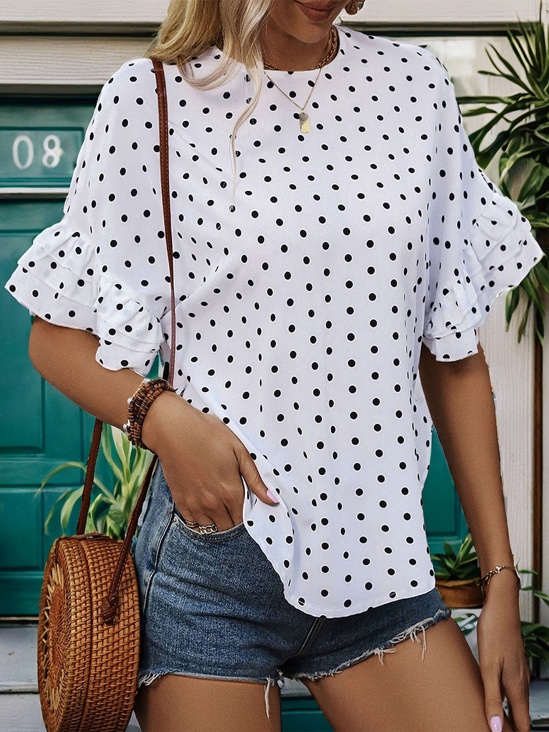 Honeybee Mumford's Slit Polka Dot Round Neck Half Sleeve Blouse