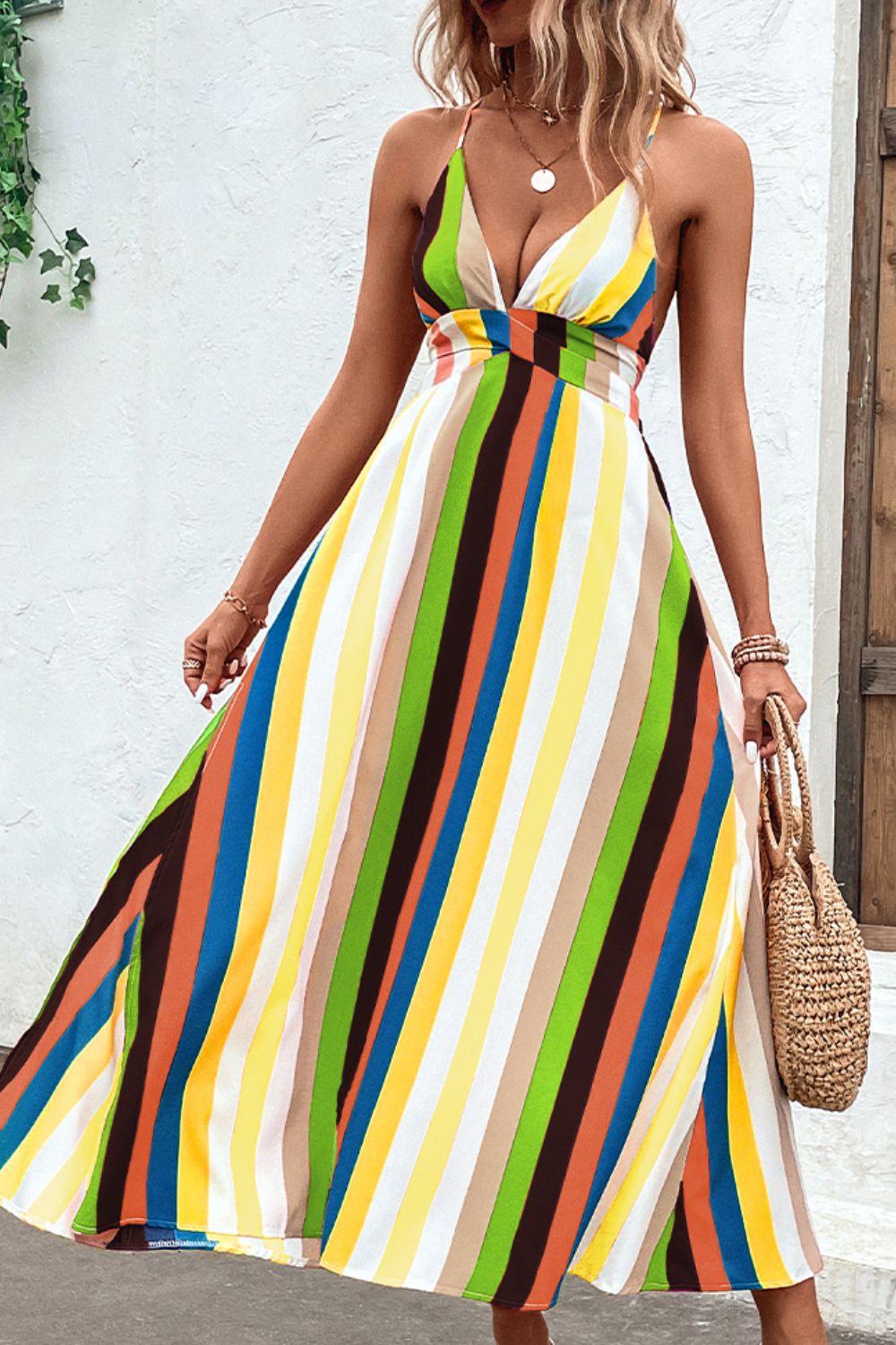 Honeybee Mumford's Multicolored Stripe Crisscross Backless Dress