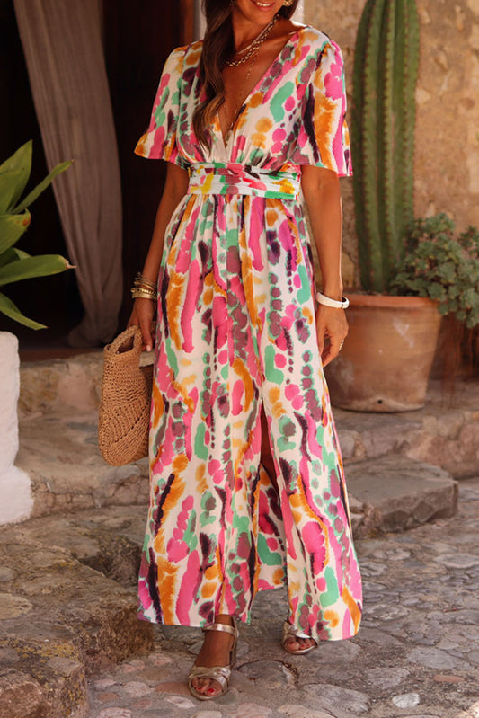 Honeybee Mumford's Pink Boho Tie-dye Print V Neck Maxi Dress