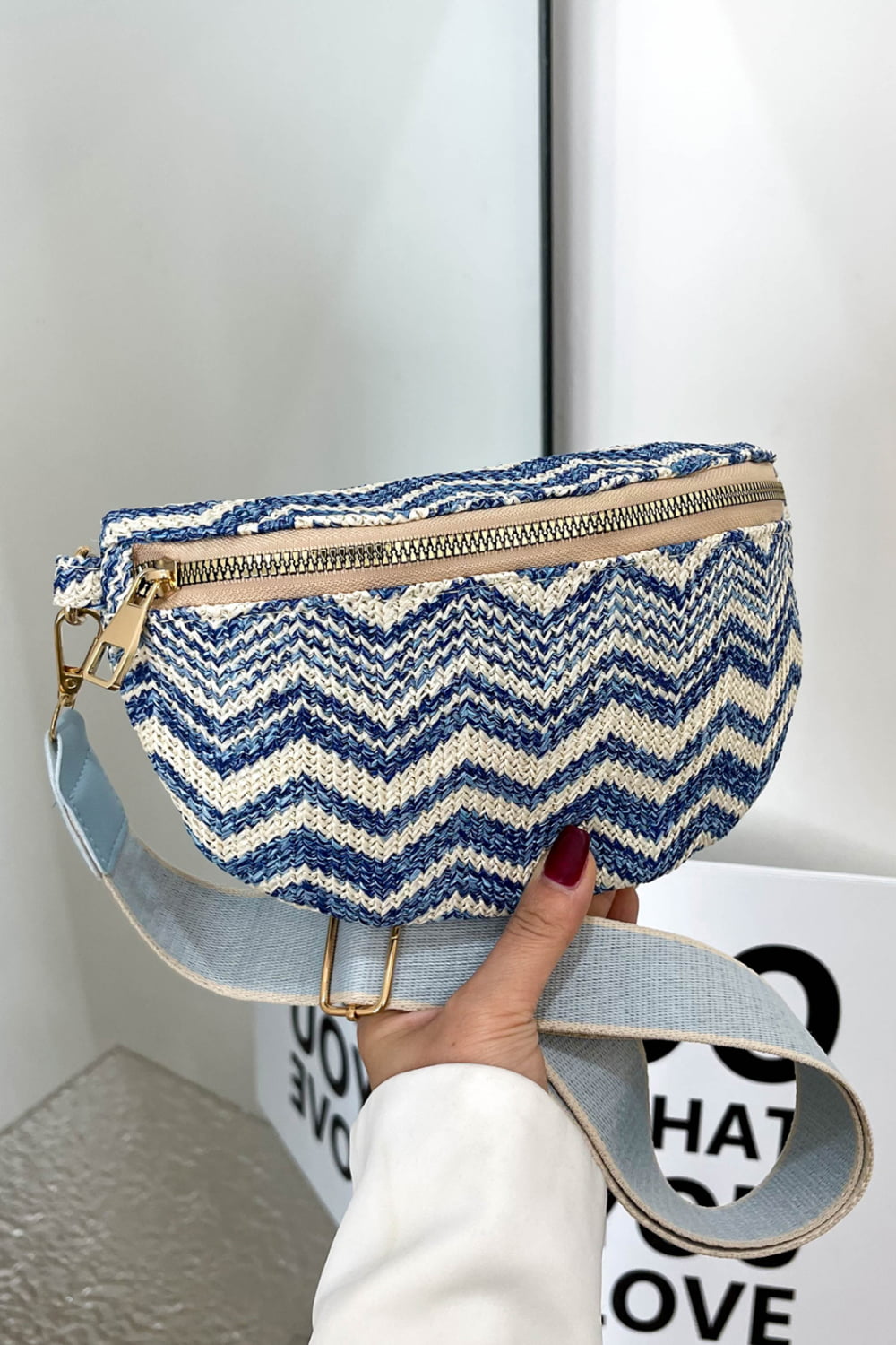 honeybee Mumford's Chevron Straw Sling Bag