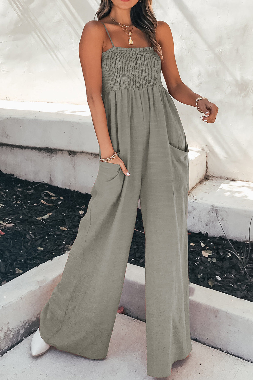 Honeybee Mumford's Smocked Spaghetti Strap Wide Leg Jumpsuit