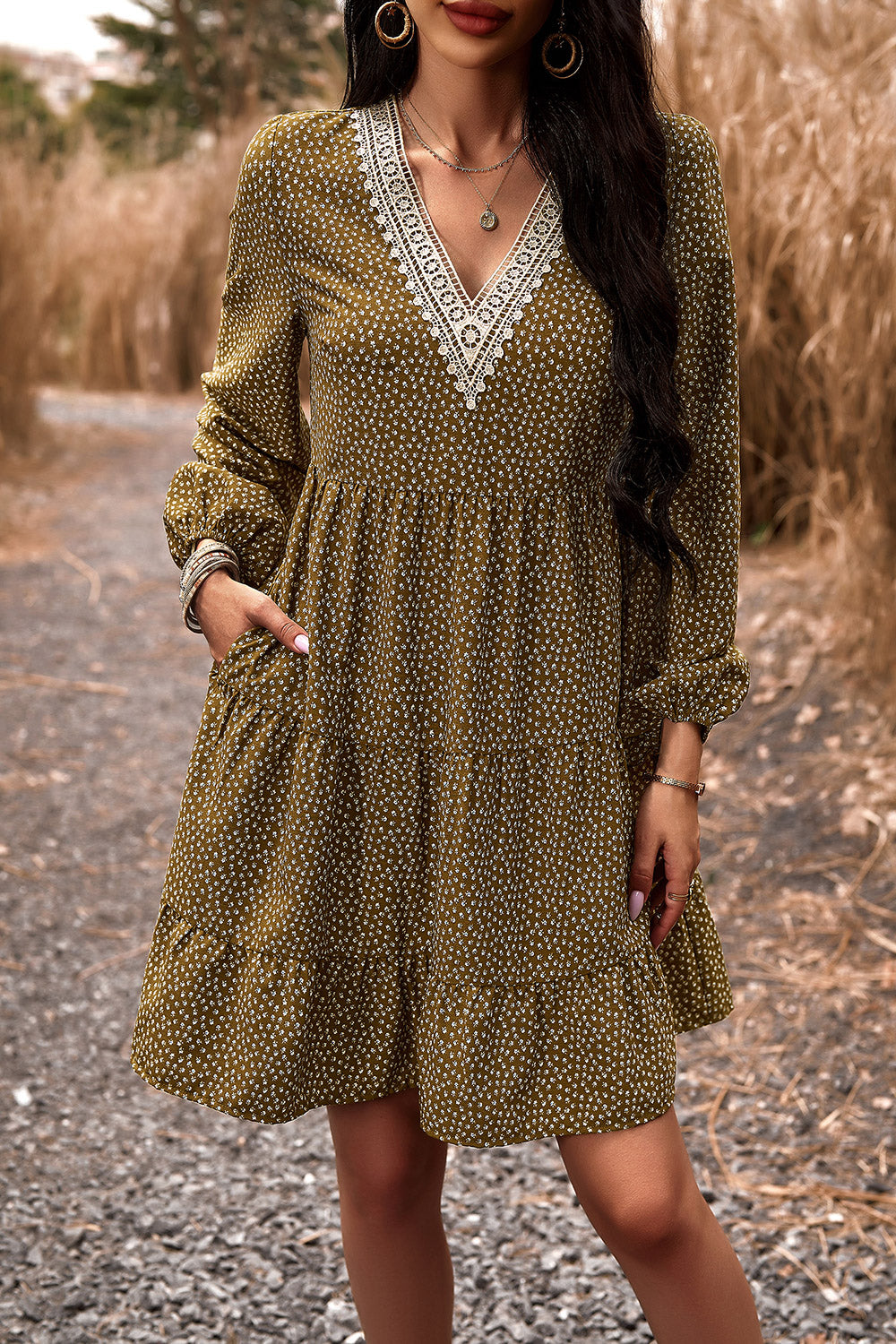 Honeybee Mumford's Lace Trim V-Neck Long Sleeve Dress