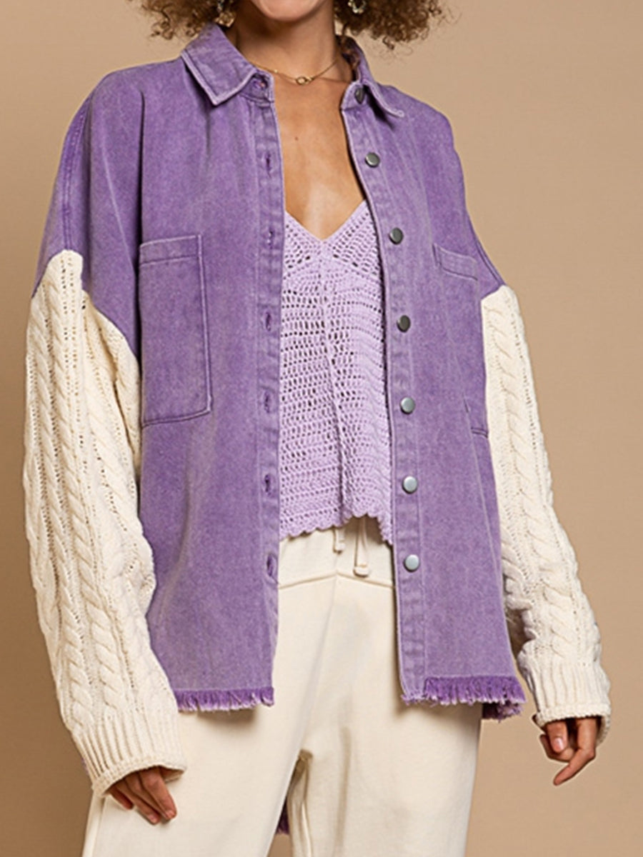 Honeybee Mumford's Cable-Knit Raw Hem Denim Jacket