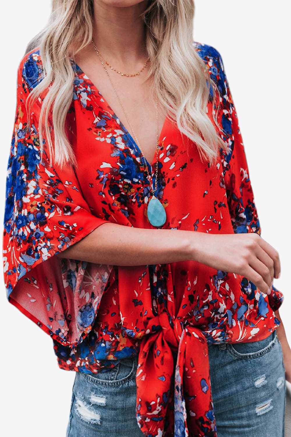 Honeybee Mumford's Printed Deep V Tie Hem Blouse