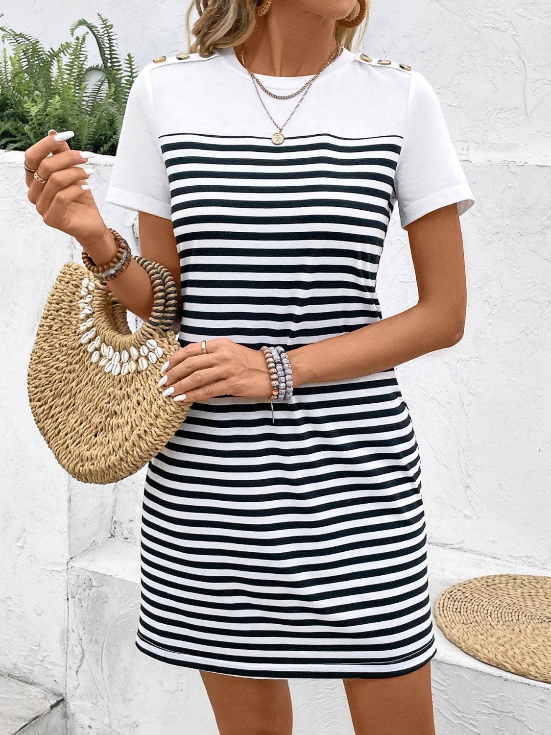 Honeybee Mumford's Striped Round Neck Short Sleeve Mini Tee Dress