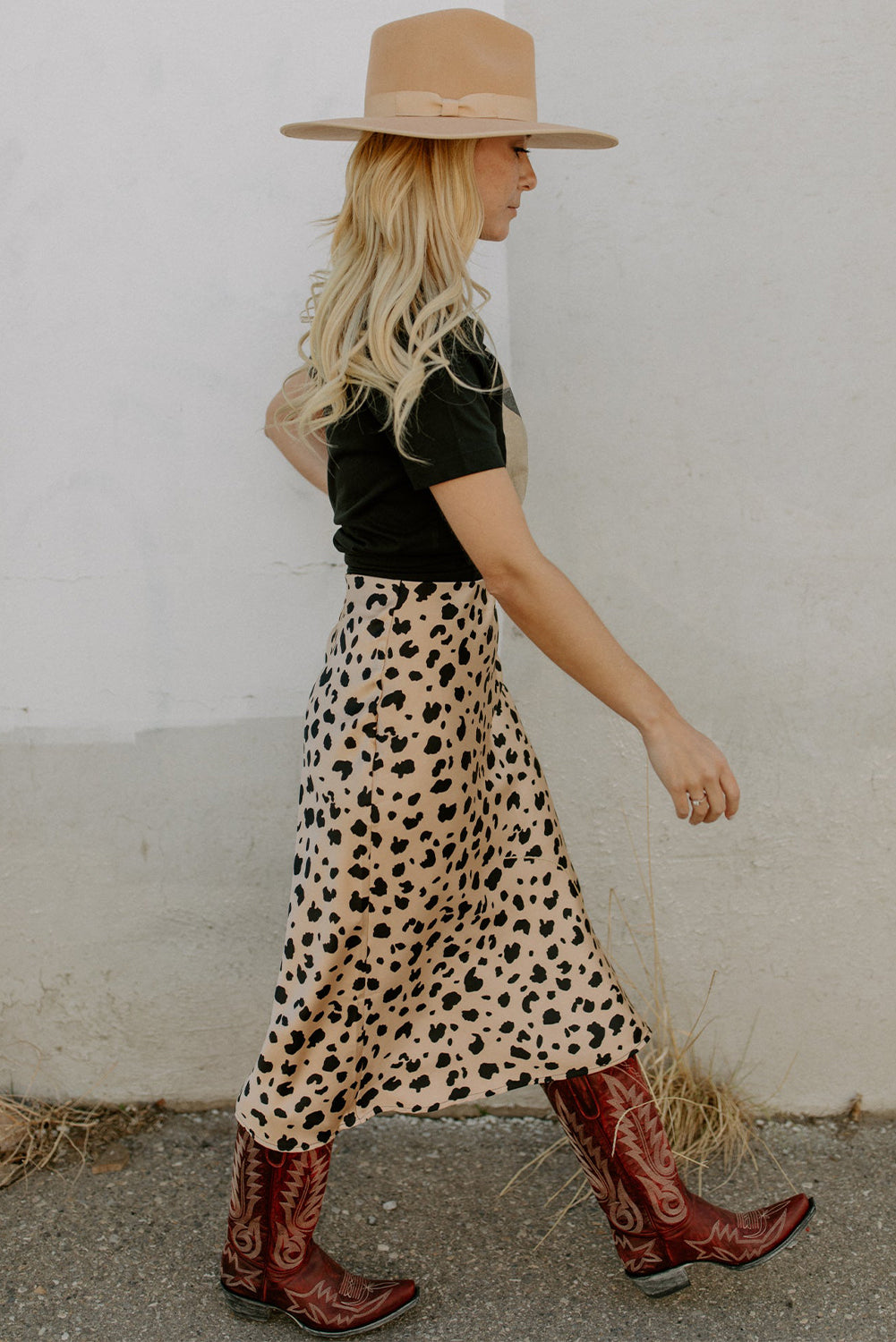 Honeybee Mumford's Khaki Leopard Spots Printed Split Hem Midi Skirt