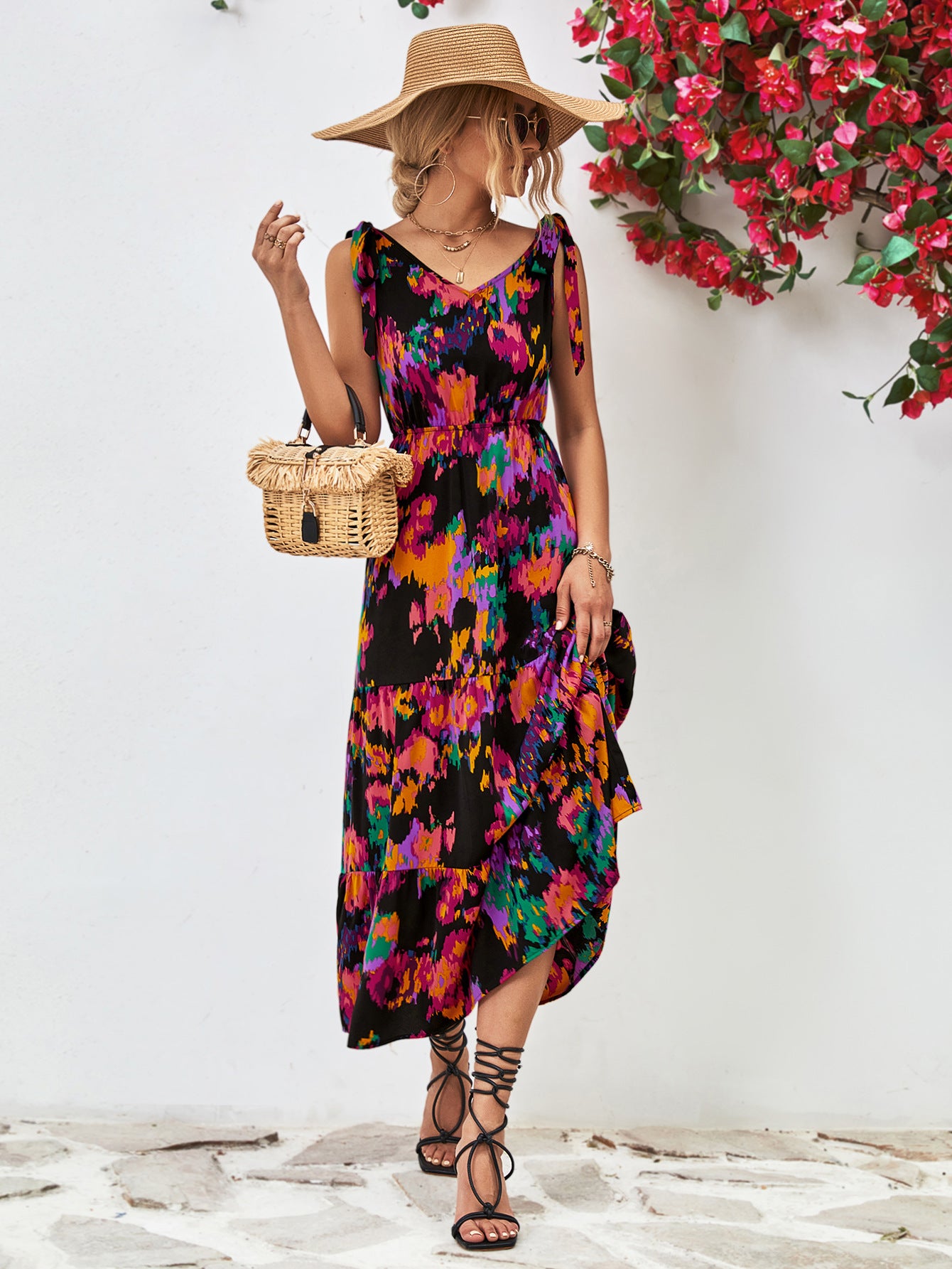 Honeybee Mumford's Multicolored V-Neck Backless Midi Dress