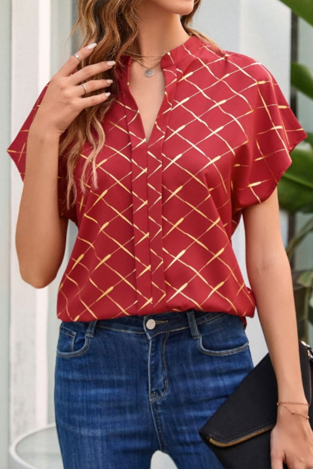 Honeybee Mumford's Printed Notched Short Sleeve Blouse