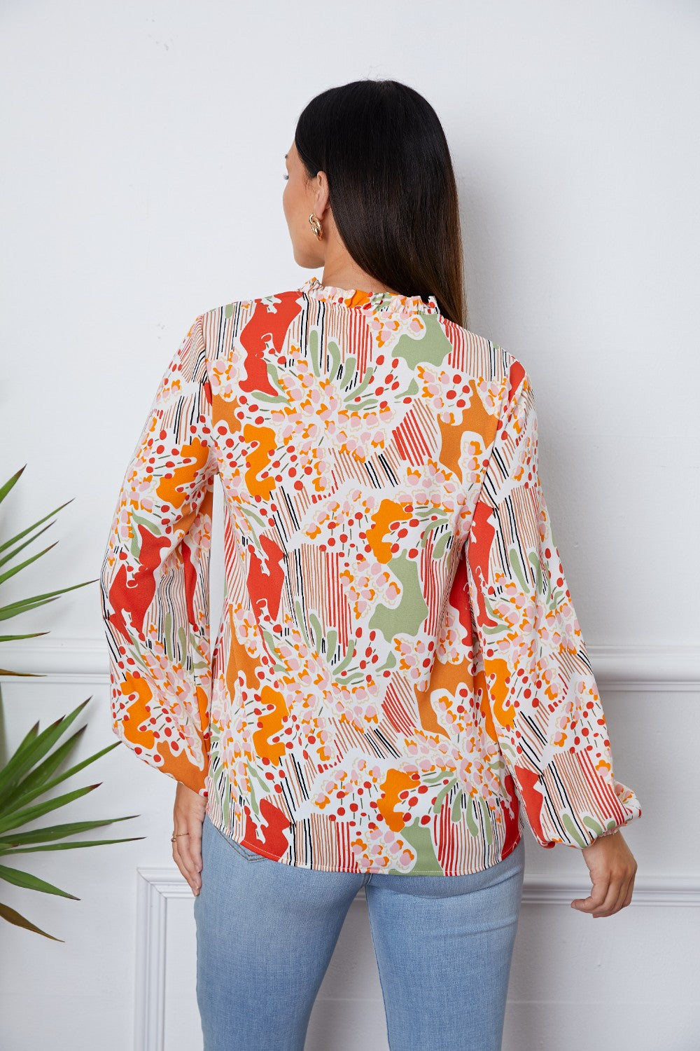 Honeybee Mumford's Floral Frill Notched Long Sleeve Blouse