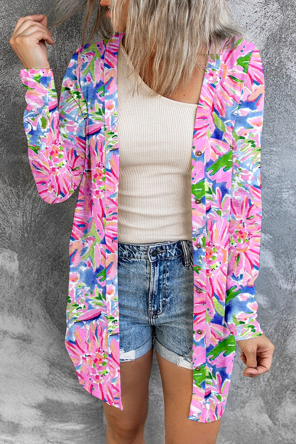 honeybee Mumford's Pink Flower Print Long Sleeve Button Up Cardigan