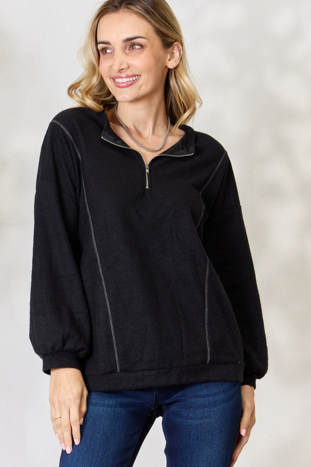 Honeybee Mumford's Black Half Zip Brushed Terry Long Sleeve Top