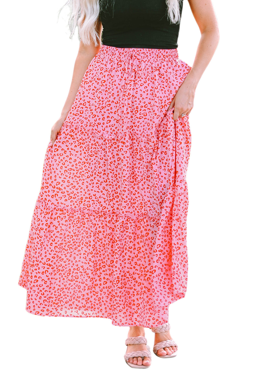 Honeybee Mumford's Pink Leopard Print Frilled Drawstring High Waist Maxi Skirt