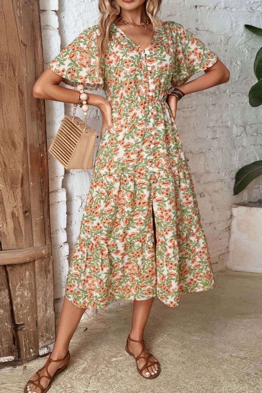 Honeybee Mumford's Floral V-Neck Front Slit Dress