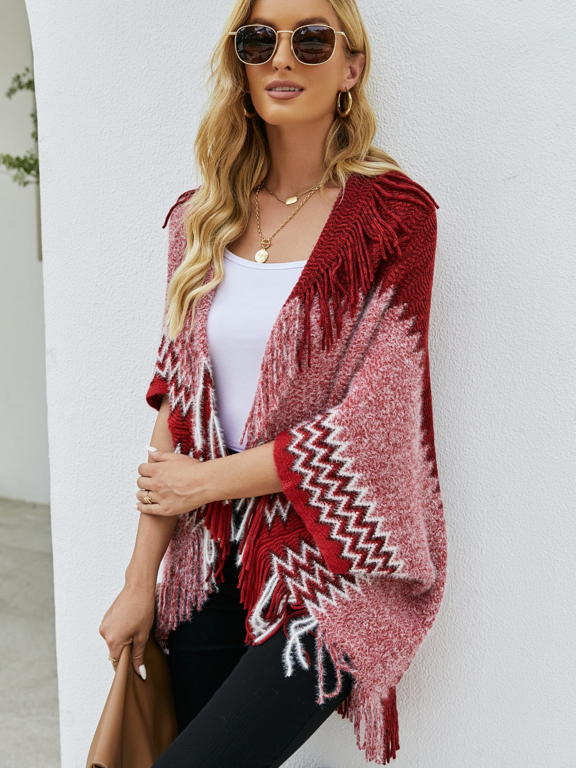 Honeybee Mumford's Geometric Fringe Open Front Cardigan