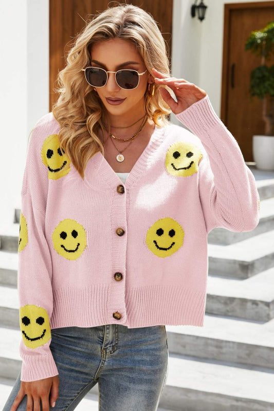 Honeybee Mumford's Smiley Face Ribbed Trim V-Neck Cardigan