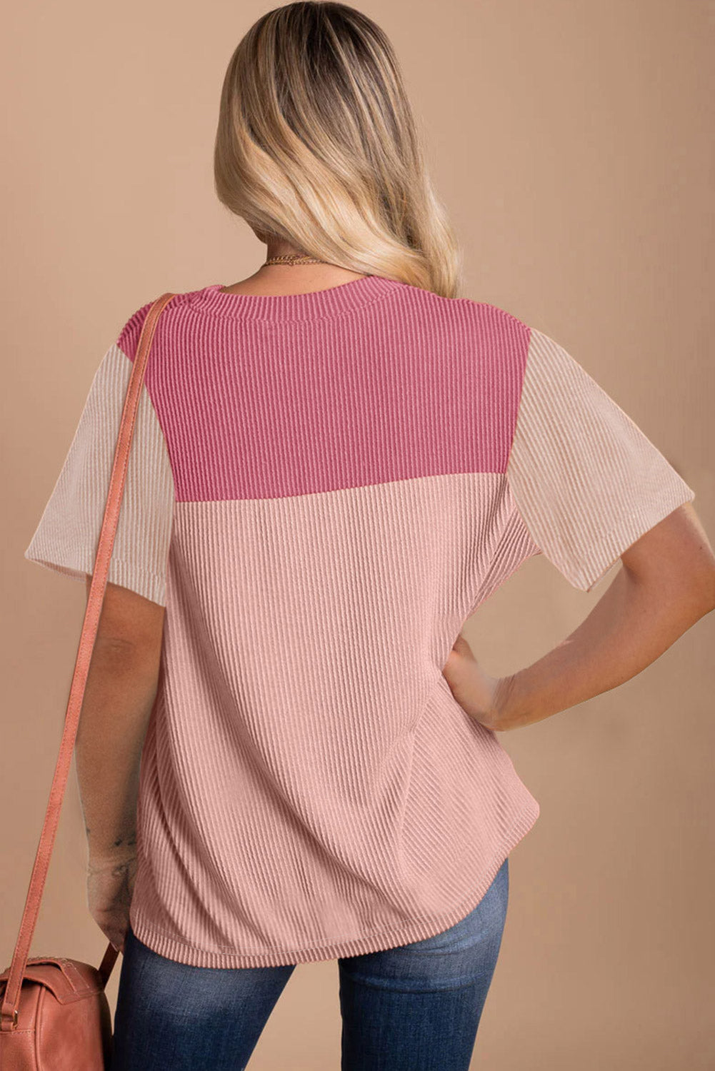 Honeybee Mumford's Pink Rib Textured Colorblock T Shirt